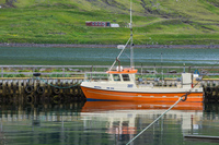 Tvisongur orange boat Seyðisfjörður,  East,  Iceland, Europe