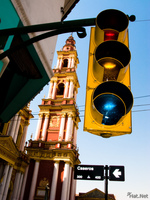 view--traffic light before the holy church Salta, Cafayate, Jujuy and Salta Provinces, Argentina, South America